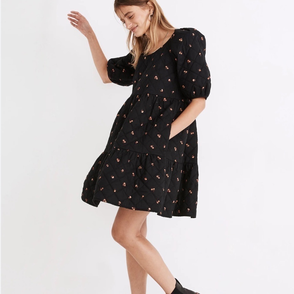 Madewell Quilted Puff-Sleeve Mini Dress Black Amie Floral Size Medium Women’s